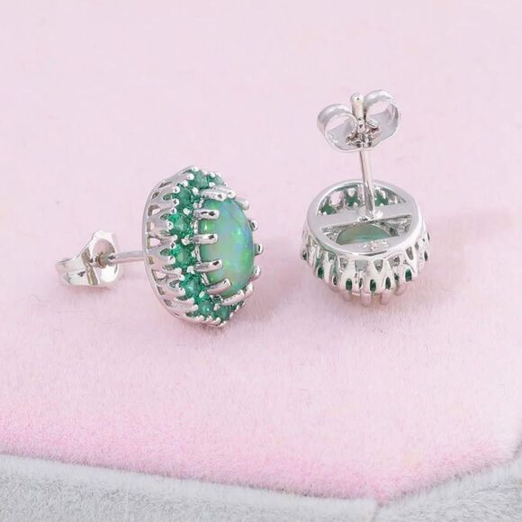 14K White Gold with Green Fire Opal and Green Quartz Oval Post Stud Earrings - Picture 3 of 5